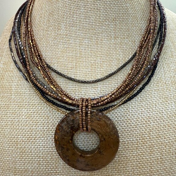 Cookie Lee Multi-Strand Brown Glass Bead Necklace W/ Acrylic Circle Pendant Boho - Picture 1 of 11